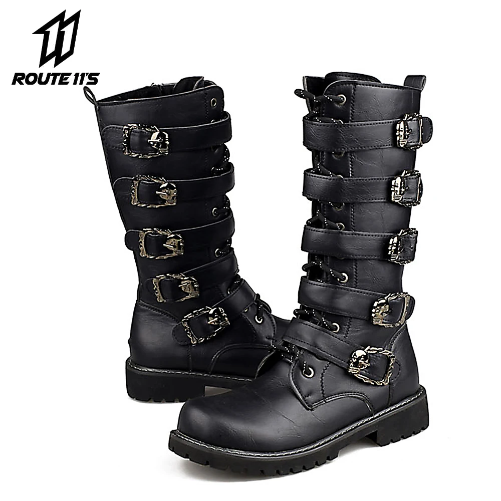 

Motorcycle Boots PU Leather Men Motocross Boots Motorcycle Shoes Rock Mid-calf Buckle Motorbike Boots Punk Martin Boots Black