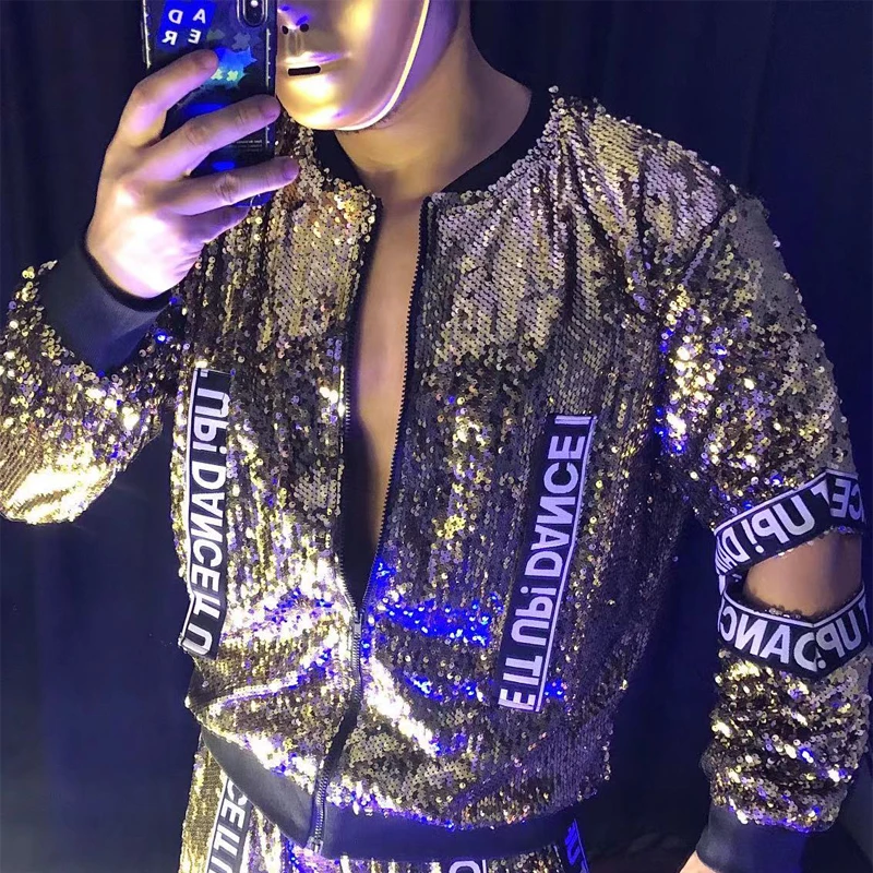 Male Singer Dj Jazz Costumes Gold Sequins Hollow Sleeves Jacket Shorts Gogo Dancer Wear Stage Rave Outfit Clubwear XS2670