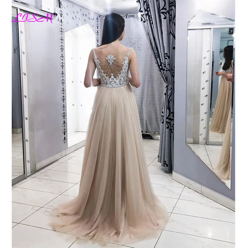 Illusion Tulle A-Line Prom Dress Lace Appliques Beaded vestido de festa Formal Evening Dresses Long Crystals Party Gowns