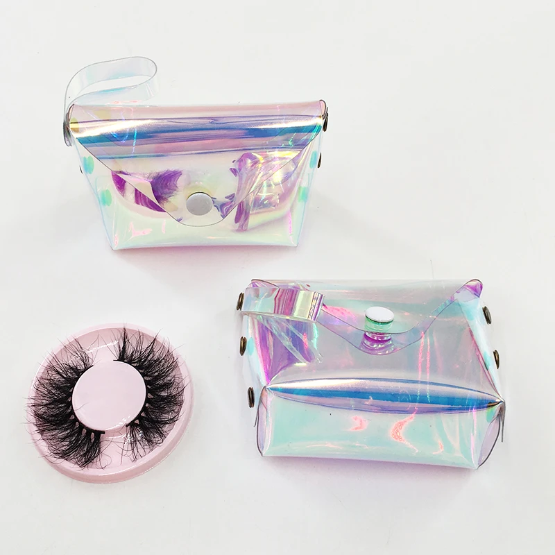 New Holographic Bag Eyelashes Packaging Box Fluffy 25mm Mink Eyelashes Custom Lash Box