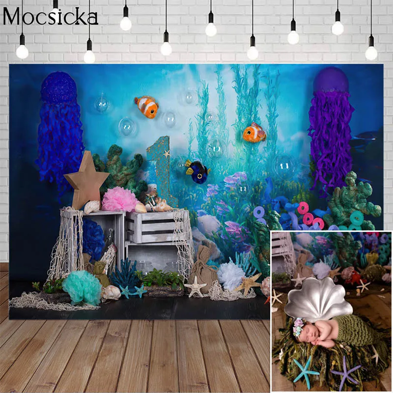 

Underwater World Theme Photography background Mermaid 1st Birthday Cake Smash Backdrop Sea Pearl Bubble Decor Props Photo Studio