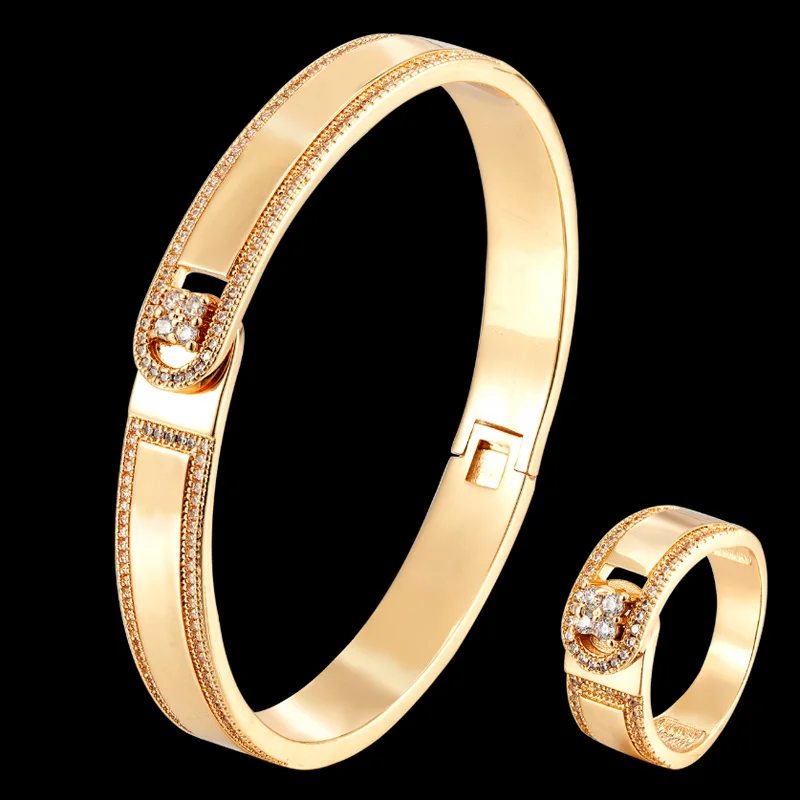 

Zlxgirl jewelry AAA cubic zircon copper bangle with ring wedding jewelry sets high quality women Gold bridal bracelet Bijou