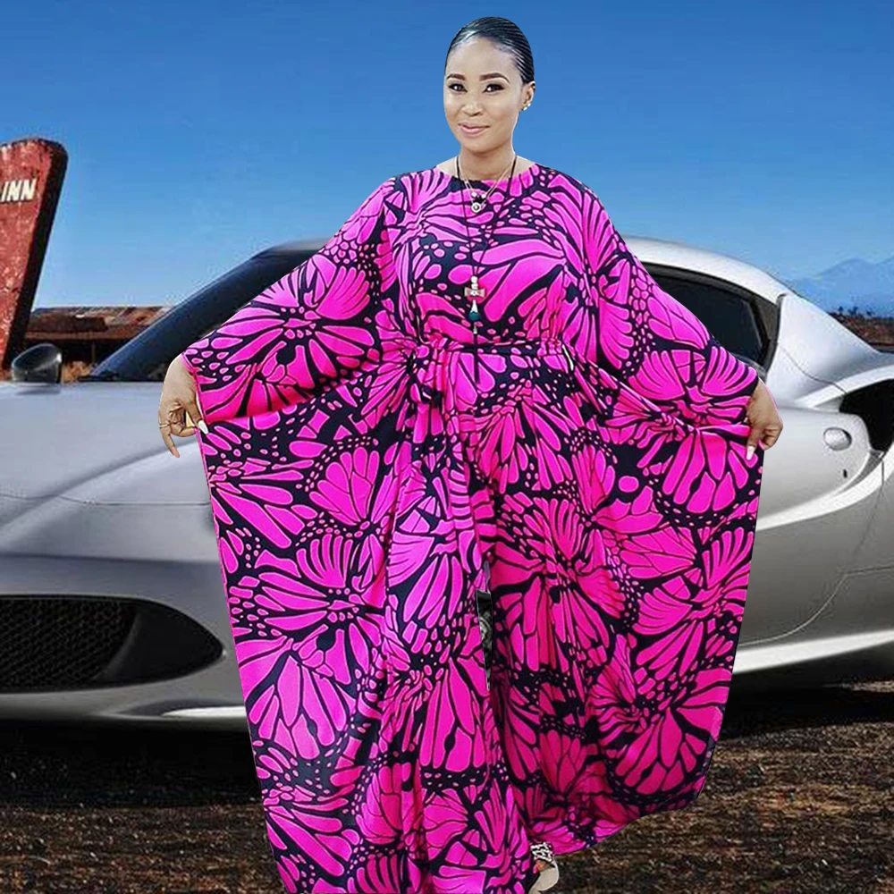 

Elegant Rompers 2021 Autumn Sexy Women's Jumpsuits O-collar Long Bat Sleeve Wide Leg Playsuits Print Design Africaine Fashion