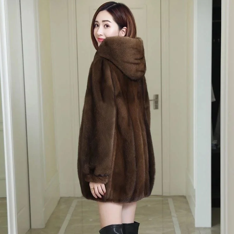 2023 New Imitation Mink Fur Loose Hooded Thick Mid-Length Coat Women\'s Winter Middle-Aged Mother\'s Winter Coat Mujer Elegant