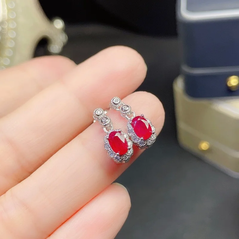 100% Natural Ruby Silver Earrings 4 Mm * 6 Mm Ruby Stud Earring Simple 925 Silver Ruby Earrings Classic Ruby Jewelry for Wedding