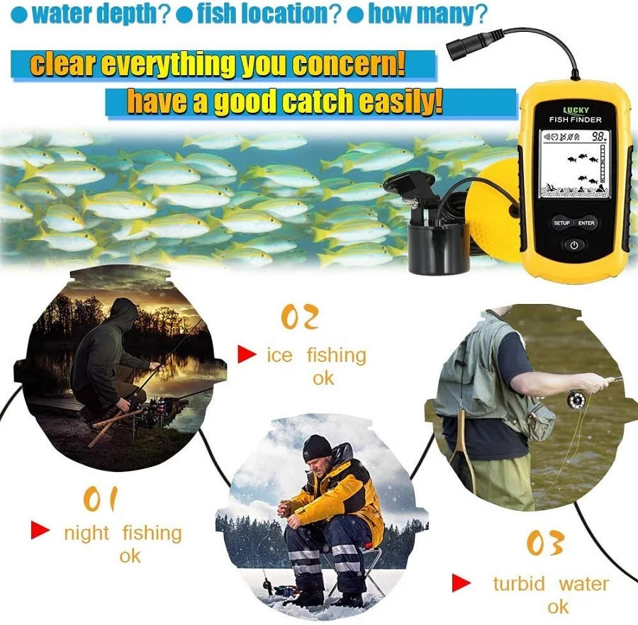 LUCKY FF1108 Wired Fish Finder Sonar Sensor Alarm Transducer Water Deeper Depth Finder Portable Fish Finder Sonar for Fishing