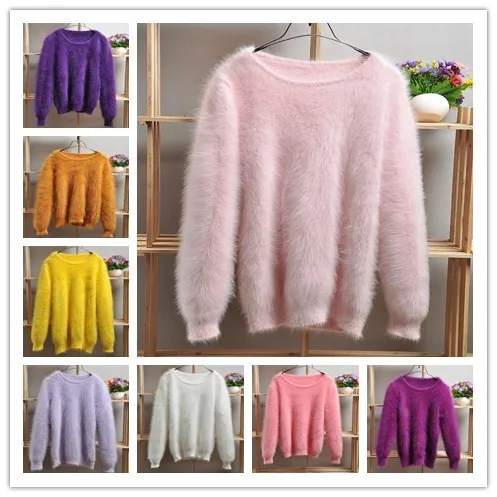 ladies women fashion colorful rainbow hairy mink cashmere knitted long sleeves slim cardigans angora fur jacket coat sweater top