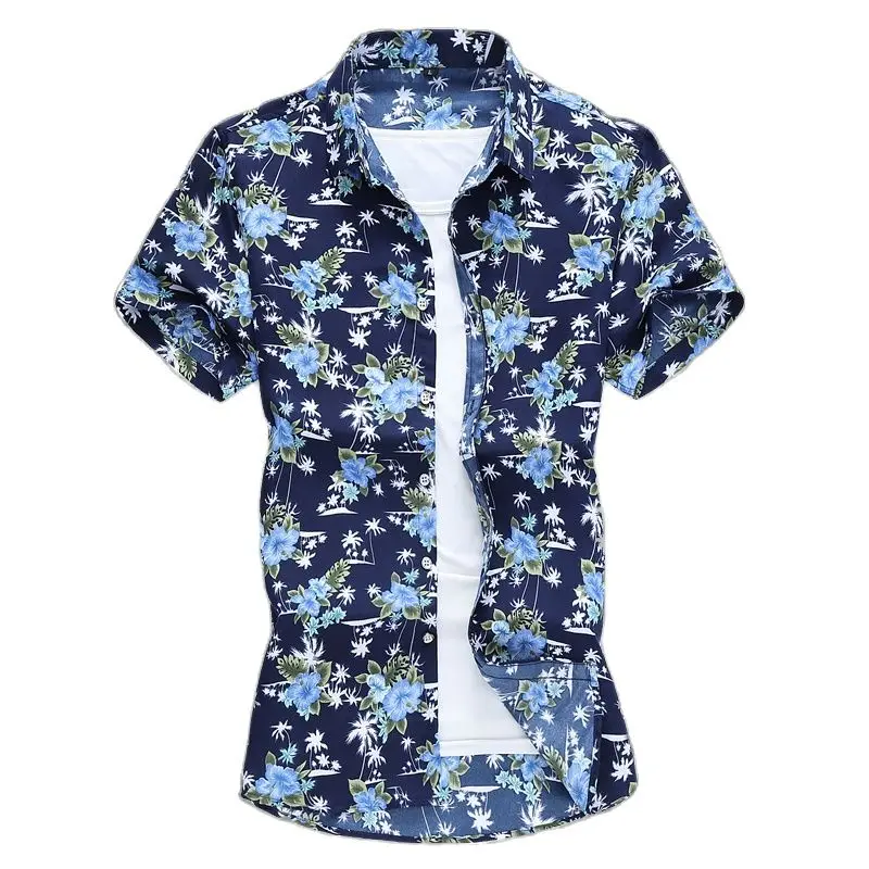 Summer White Print Short Sleeved Shirt, Men\'s Single Breasted Lapel Shirts, Blue Black Purple Camisa Big Size S-5XL 6XL