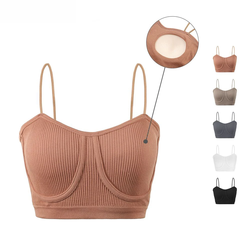 Seamless Underwear Sling Women Tube Top Bottoming Knitted Vest Threaded Camisole Female Fixed Latex Cup Sexy Bra Suspenders