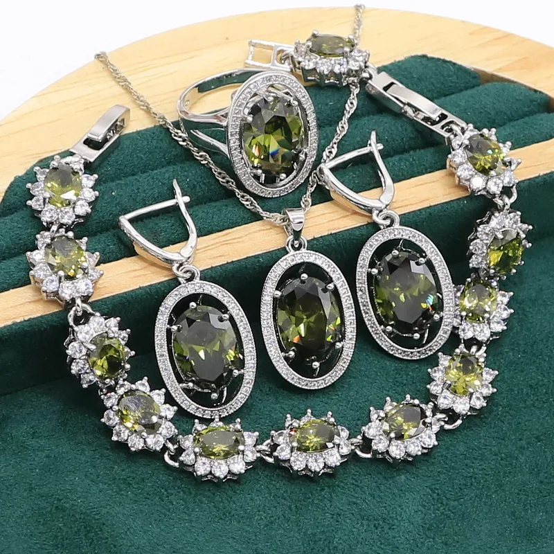 Green Peridot 925 Sterling Silver Jewelry set for Women Bracelet Earrings Necklace pendant Ring Birthday Gift