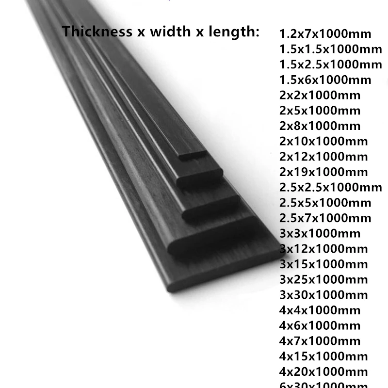 Hoja de fibra de carbono, varilla de fibra de carbono, tira de carbono, hoja de refuerzo, varilla de carbono, longitud 1,2mm, 6,0mm, 1000mm, 2 unidades