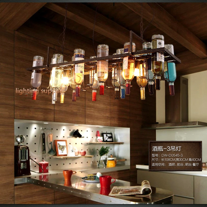 

Recycled retro Hanging Wine Bottle Pendant Lamps light with Edison bulb for dining room/bar/restaurant Kitchen lighting fixture