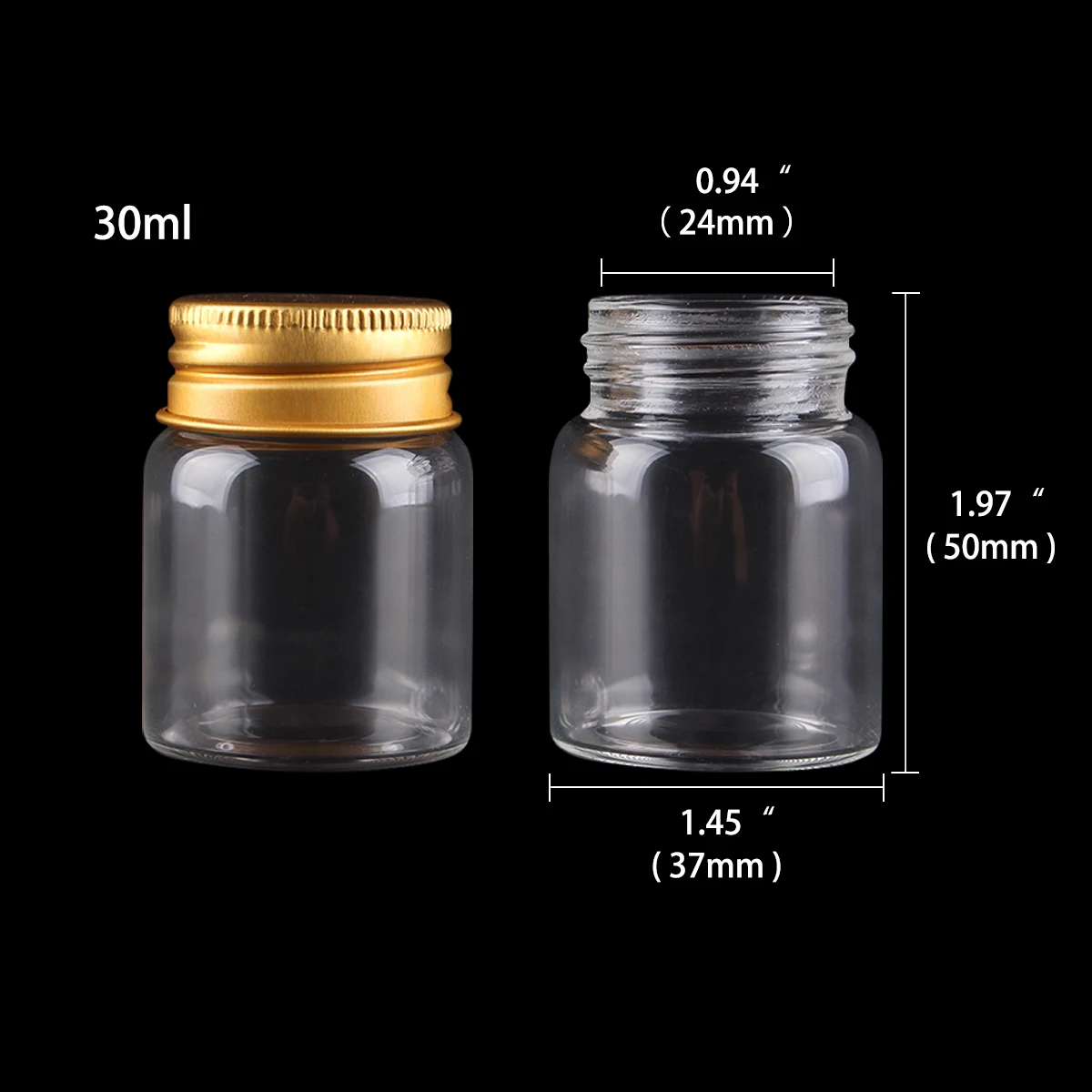 6 pieces 30ml 37x50mm Glass Candy Bottles Jars with Golden Aluminum Top lid Clear Glass Vials for Gift DIY Crafts