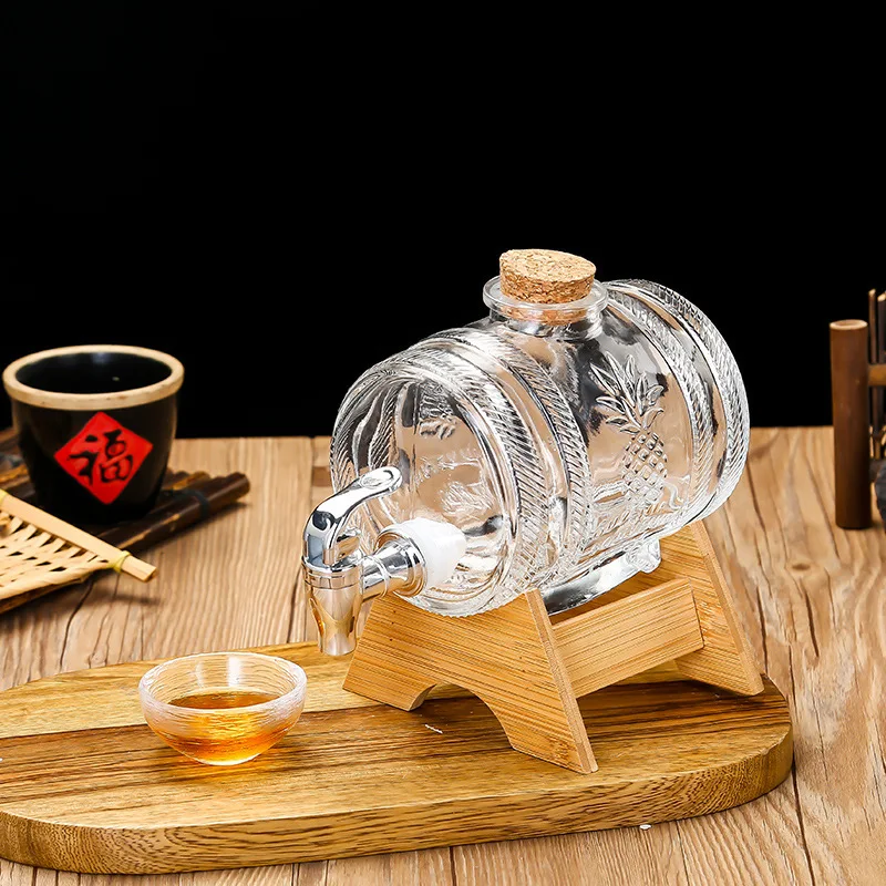 

1L Whiskey Dispenser Glass Decanter Beer Barrel with Cork and Faucet Lass Wine Barrel Sealed Ginseng Wine Bottle