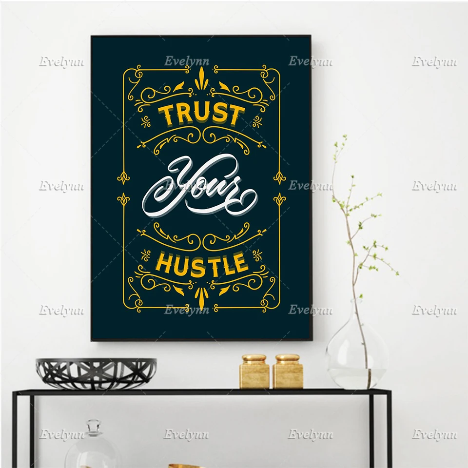 Wall Art Canvas Painting Home Decor Trust Your Hustle Inspirational,Motivational Quotes Print Posters Floating Frame Office Room