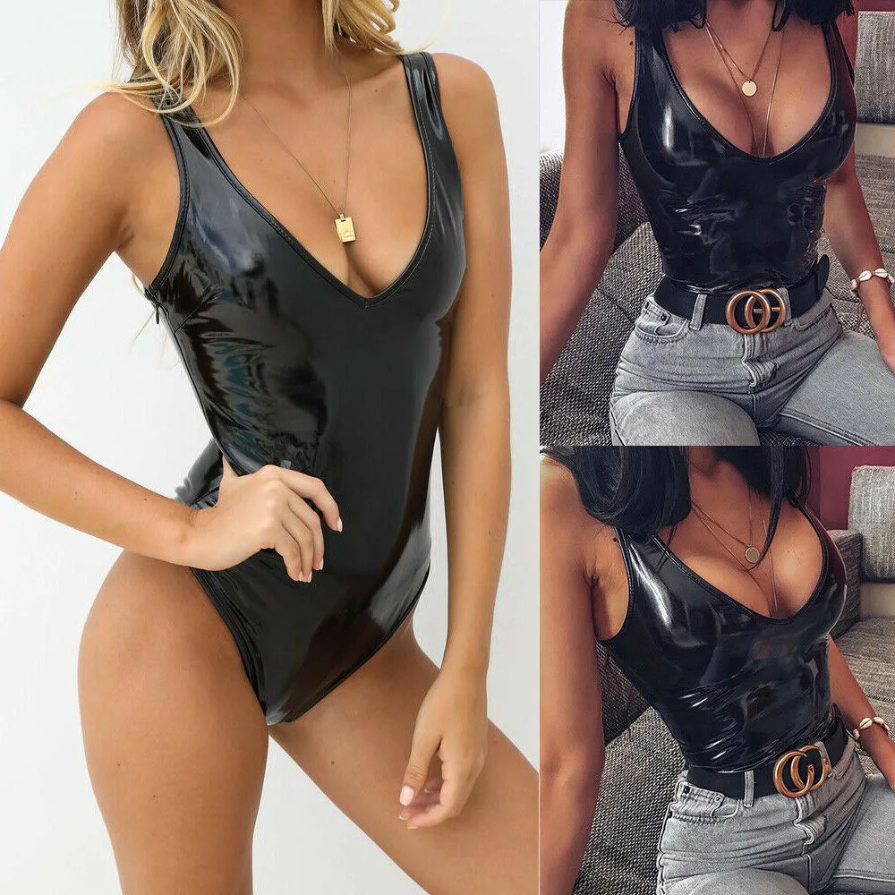 Sexy Lingerie Glossy Faux Leather Women Jumpsuit Low Bustier Female Bodysuit Erotic Latex Catsuit Pole Dance Shaping Leotard Sex