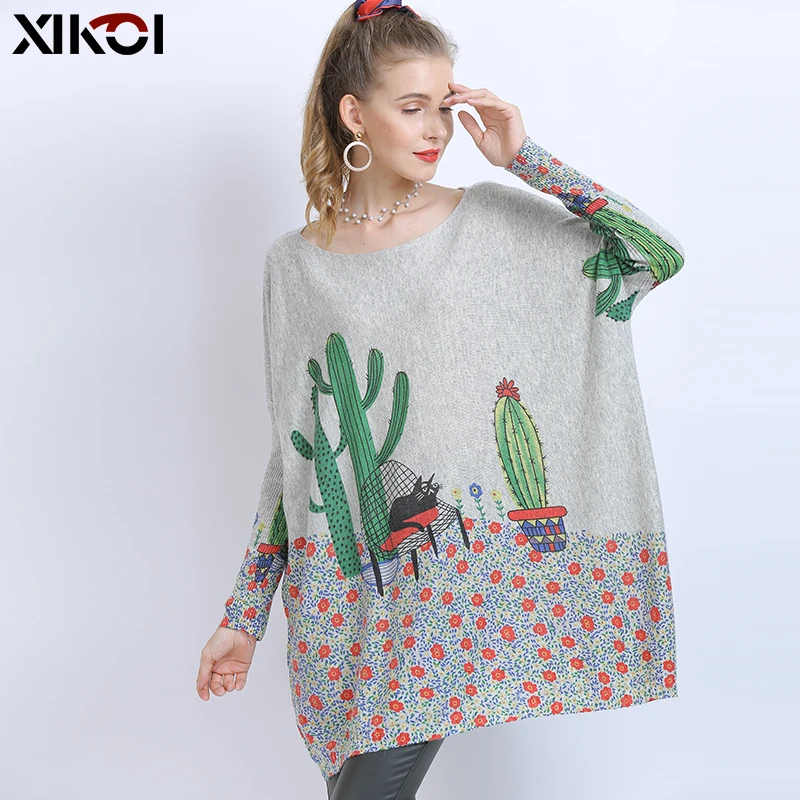 XIKOI Wool Oversized Sweater For Women Winter Long Pullover Dress Fashion Cactus Print Jumper Casual Knitted Sweater Pull Femme