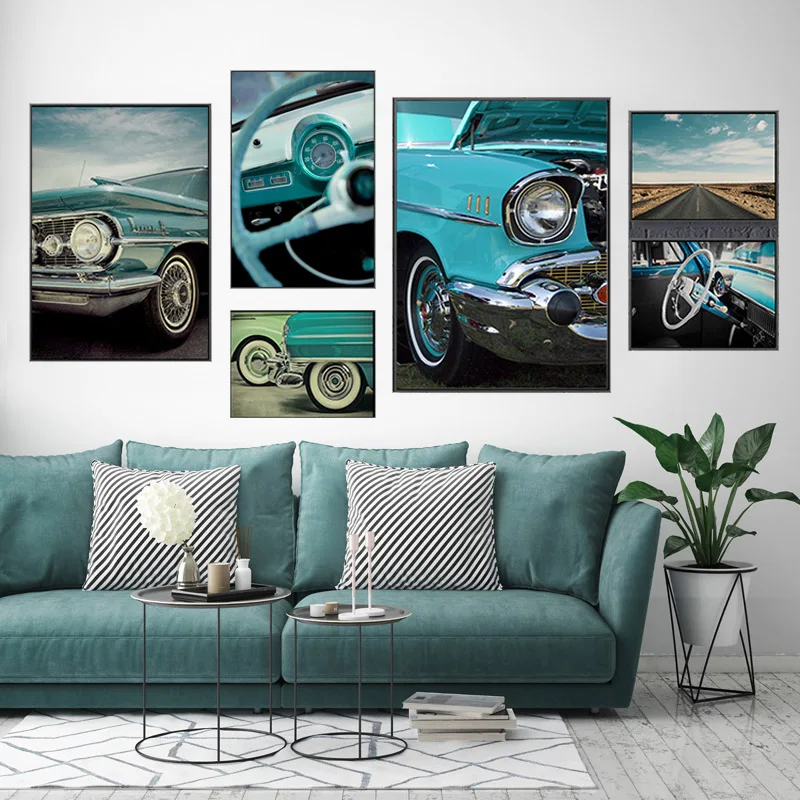 

Blue Car Canvas Poster Painting Vintage Classical Wheel Car Wall Art Prints Picture Still Life Home Decoration For Living Room