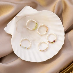 Hot Fashion Beads Pearl Rings Natural Freshwater Pearl Geometric Rings for Women Elastic Ring Party Jewelry