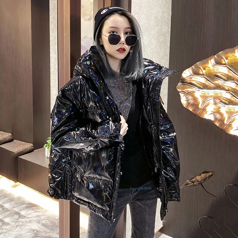 2022 New Hooded Glossy Winter Down Cotton Padded Jacket For Women Thick Bright Black Shiny Jacket black Parkas fashion MY312