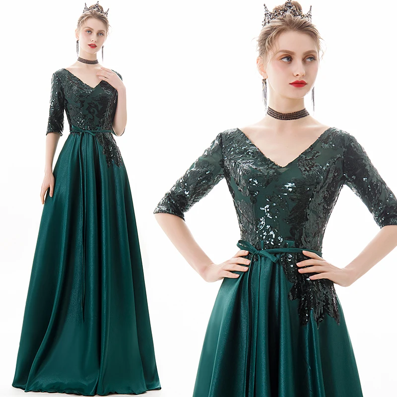 

New dark green sequined half sleeve lady mother women prom evening dress banquet party ball performance dress gown free shipping