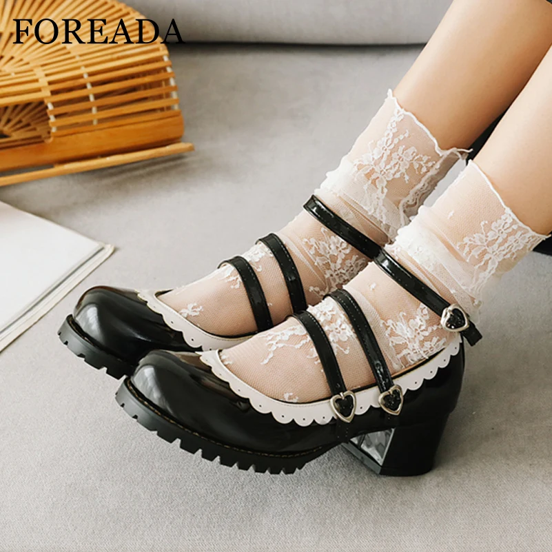 FOREADA Ankle Strap Kawaii Princess Shoes Platform Round Toe Pumps Thick Med Heel Buckle Strap Female Footwear Autumn Black 46