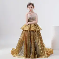 New Luxury Gold sequin flower girl dress Sleeveless High-end show princess gown Modis Kids Wedding Party Dress Vestidos Y2035