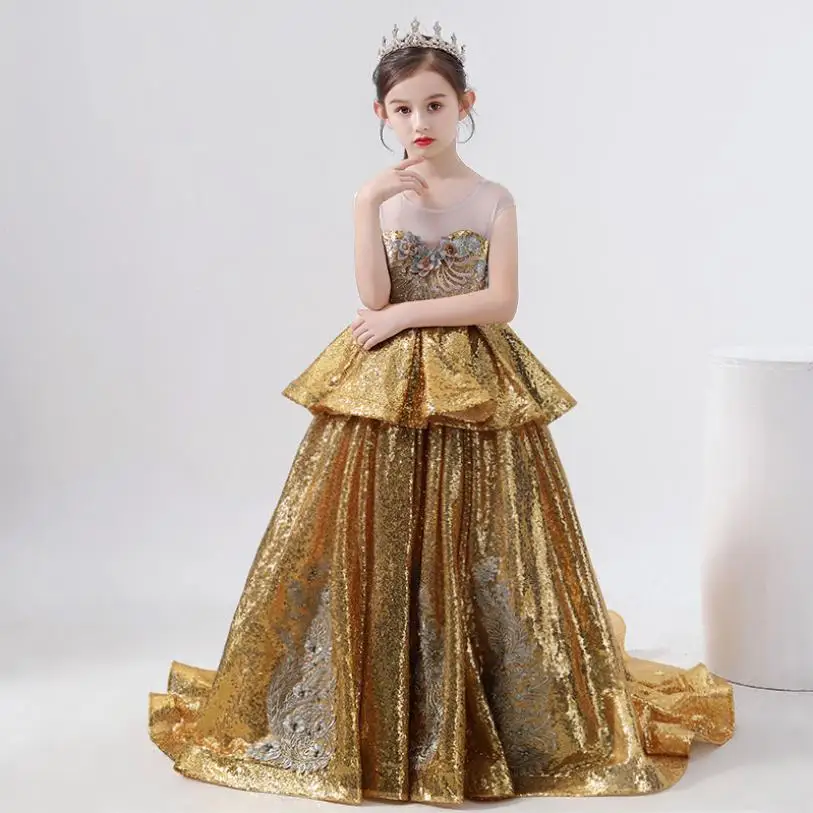 New Luxury Gold sequin flower girl dress Sleeveless High-end show princess gown Modis Kids Wedding Party Dress Vestidos Y2035