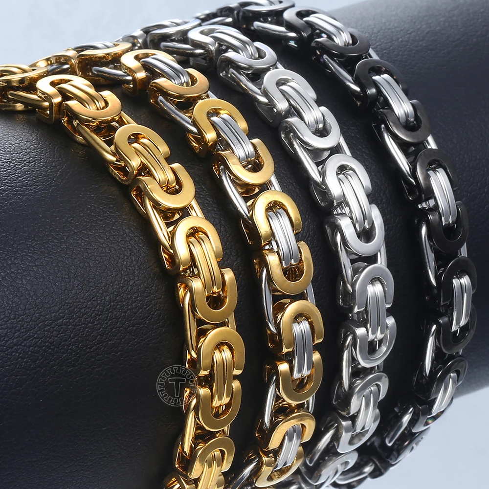 7/9/11mm Men\'s Bracelet Stainless Steel Byzantine Link Chain Gold Color Black Bracelets Male Jewelry 7-11\