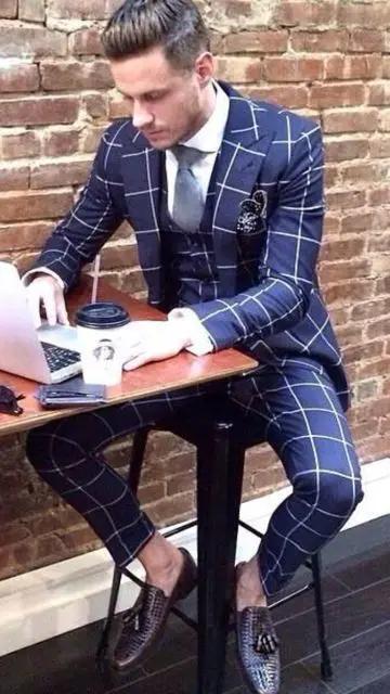 Latest Plaid Male Suit For Men Casual Burgundy Men Suit 3 Piece Business Clothing Costume Homme Custom Made Chic High Street