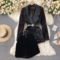 2024 spring autumn new double-breasted suit coat women bling glittering sequined suit jacket + wide leg shorts suit 2-piece set