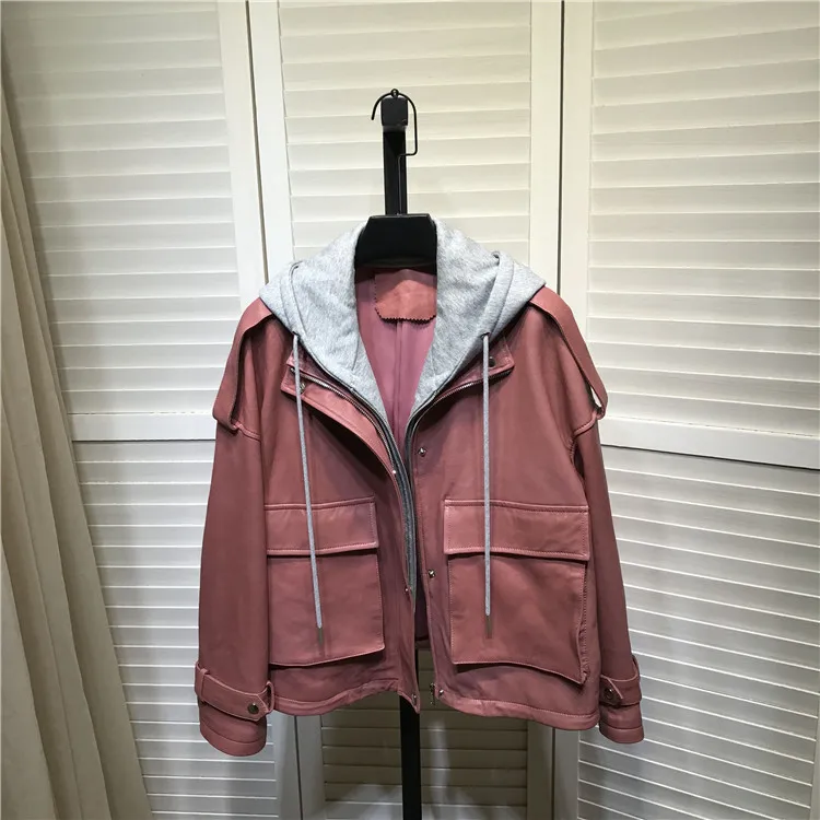 2020 Spring autumn Fashion women\'s hooded Pink color genuine leather jackets brand new high quality loose leather coat B637A