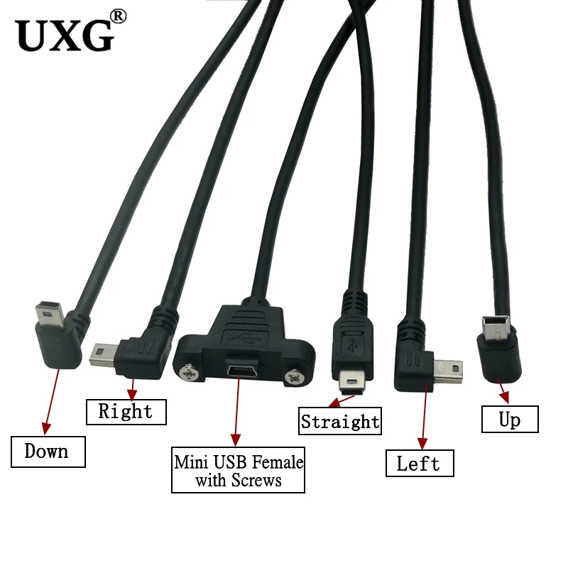 Up Down Right Left Angled 90 Degree Angle Mini USB Male to Mini USB Female Extension Panel Mount Type Cable with Screws 30cm