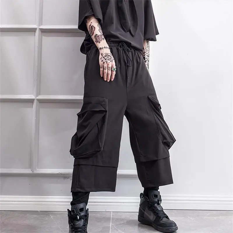 Men's Slacks Spring Slacks Overalls Men's Hip Hop Faux Two-Piece Stretch Slacks Black Yamamoto Style