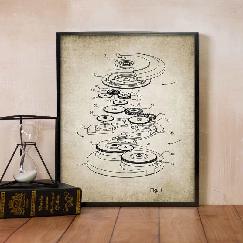 ساعة ذاتية الملء مطبوعة تخطيطية ساعة تصميم براءات الاختراع خمر ملصق ساعة صانع ساعة هدية الفن قماش اللوحة صورة ديكور