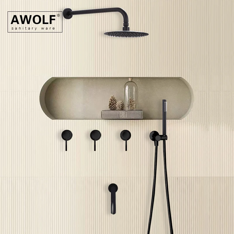 Solid Brass Matt Black Simplicity Bathroom Shower Set Concealed Chrome Polising Brushed Gold Shower Bath Mixer Faucet Tap AH3023