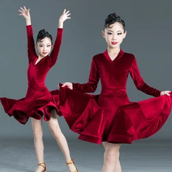 velvet long sleeves latin dance dress for children girls competition ballroom kids tango salsa dancewear practice wear cha cha