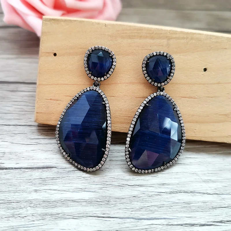 1 Pair Cat Eyes\' Gem stone Jewelry Drop Opal Stone Earrings, Micro Pave CZ Faceted Stone Dangle Earrings For Women Jewelry ER205