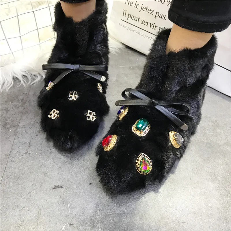 Crystal Decor Women Winter Warm Fur Booties Flat Botas Mujer Casual Ankle Boot Thick Sole Platform Shoes Ladies Snow Boots