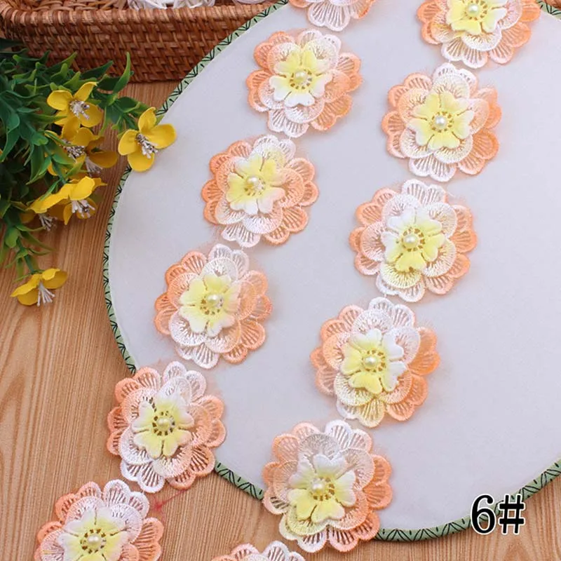 20Yards Pearl Flower Organza Embroidery Fabric Lace Patch Trim Clothes 3D Beading Flower Wedding Dress DIY Applique 52mm Wide