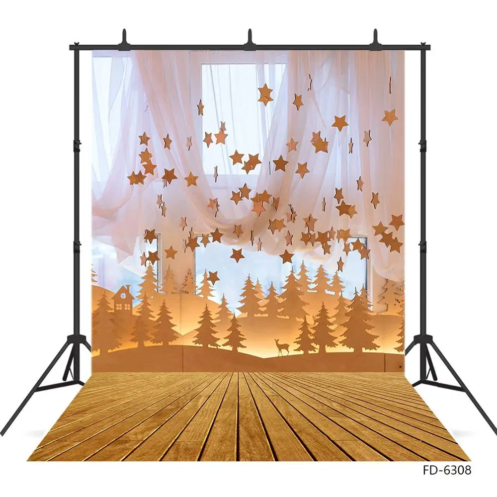 Curtain Wooden Floor Stars Trees Christmas Photographic Backdrop Vinyl Background Photo Studio for Children Baby Party Photocall