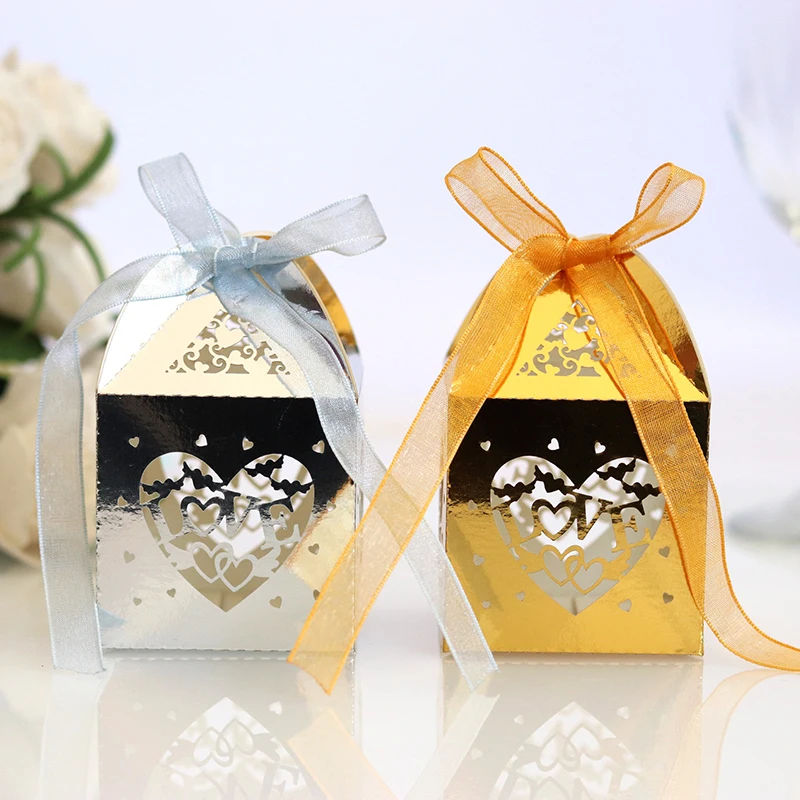 10/50/100pcs Love Heart Laser Cut Hollow Favor And Gifts Sweet Candy Box With Ribbon Christmas Birthday Wedding Party Decoration