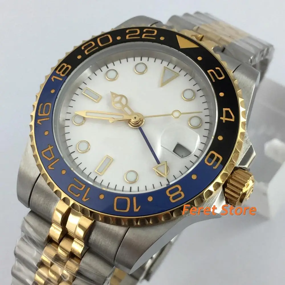 

40mm top Mens Watches Sterile Luminous White Dial Gold Stainless steel strap Caremic Date Sapphire Glass GMT Automatic Movement