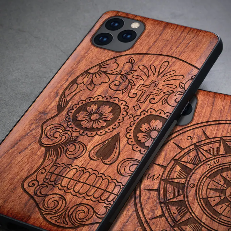 Carved Skull Wood Phone Case For iPhone 7 8 plus X XR XS Max Silicon Wooden Case Cover For iPhone 11 Pro Max