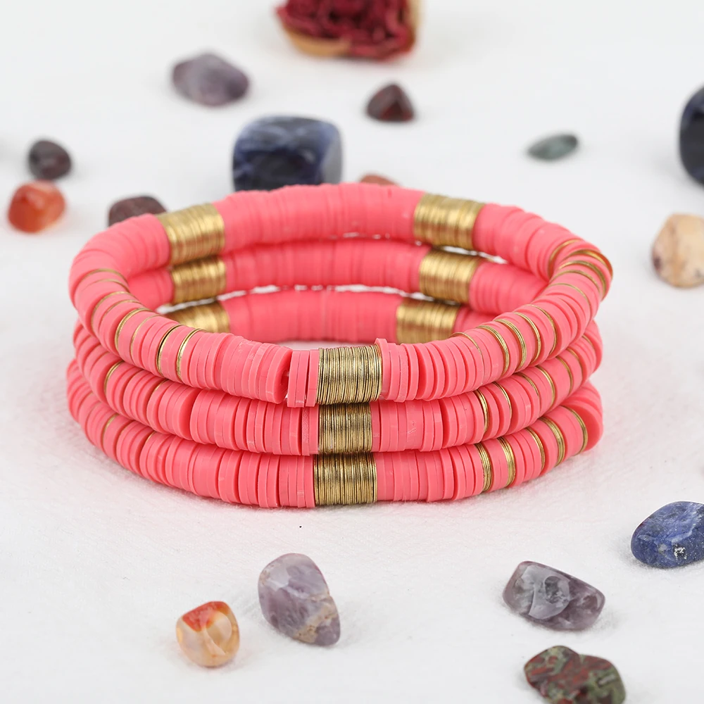 

5Pcs Pink Color Flat Rondelle Vinyl Beads 8mm Gold Copper Sheets Elastic String Boho Polymer Clay Heishi Bracelet