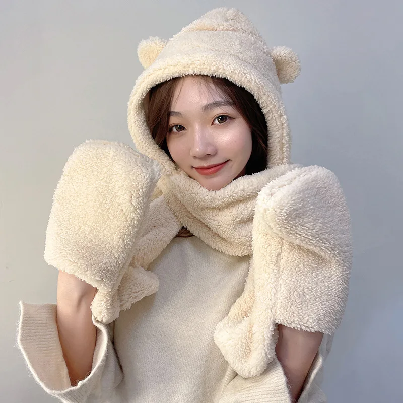 Winter Hats For Women Thicken Warm Fluffy Bear Ear Hat Gloves Scarf One Three-piece Double Layer Plush Beanie Caps Scarves Gorra