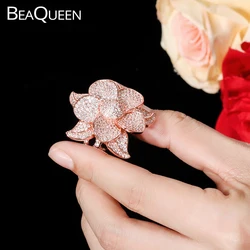 BeaQueen Luxury Brand Cubic Zircon Big Flower Dubai Nigerian Bridal Statement Finger Ring for Women Rose Gold Color Jewelry R068