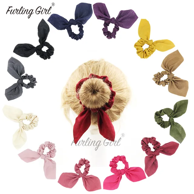 Furling Girl 1PC Silky Bunny uszy elastyczne gumki do włosów uszy królika Bowknot jednolite kolory gumki do włosów kobiety akcesoria do włosów