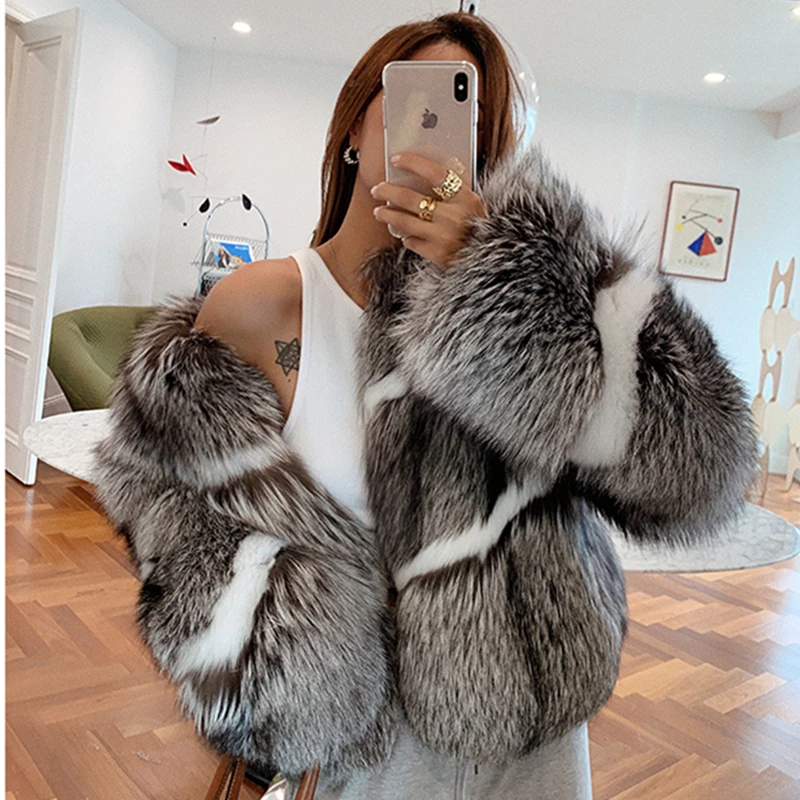 New Natural Silver White Fox Fur Winter Coat For Women Black Real Whole Skin Fox Fur Winter Thick Soft  Warm Fox Fur Jacket