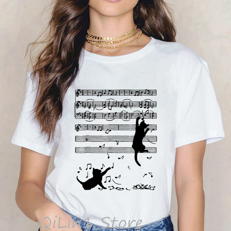 Novelty Music Note Black Cat animal Print tshirt women harajuku kawaii clothes summer top female t-shirt tumblr graphic tees